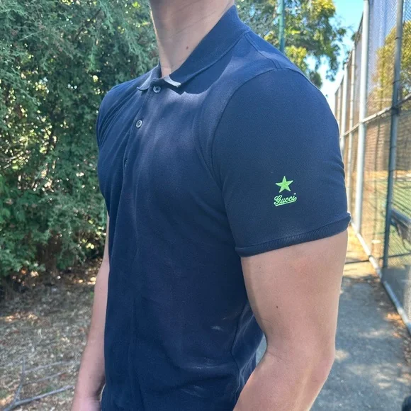 GUCCI SHOOTING LUCKY STAR NEON VOLT GREEN NAVY BLUE UNIFORM POLO SHIRT TENNIS S - Picture 13 of 16